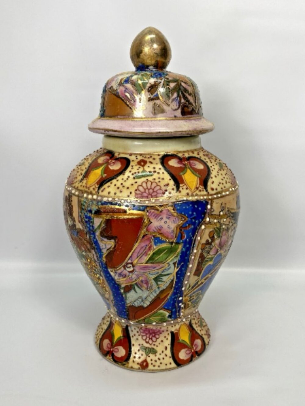 Satsuma Lidded Vase Flower & Birds Antique Japanese Hand Painted Ginger Jar VTG
